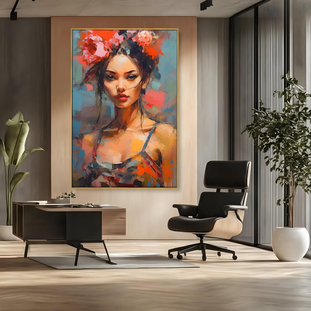 Tablou canvas cu tablou canvas cu portret de femeie, in rama de aluminiu auriu, pe perete intr-un birou